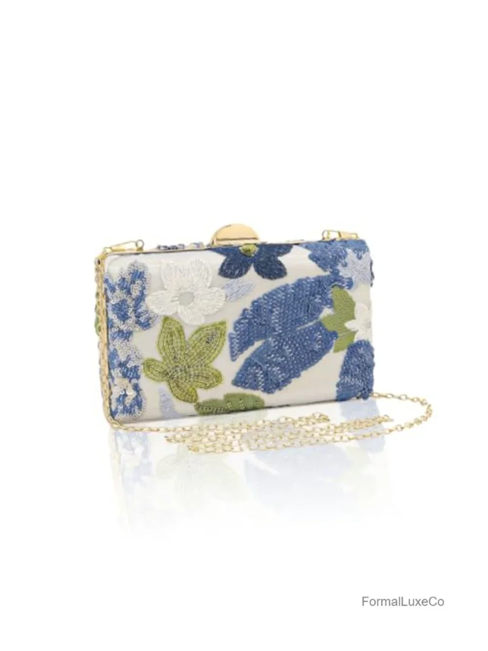 Embroidered Floral Sequin Evening Clutch with Detachable Chain Shoulder Bag